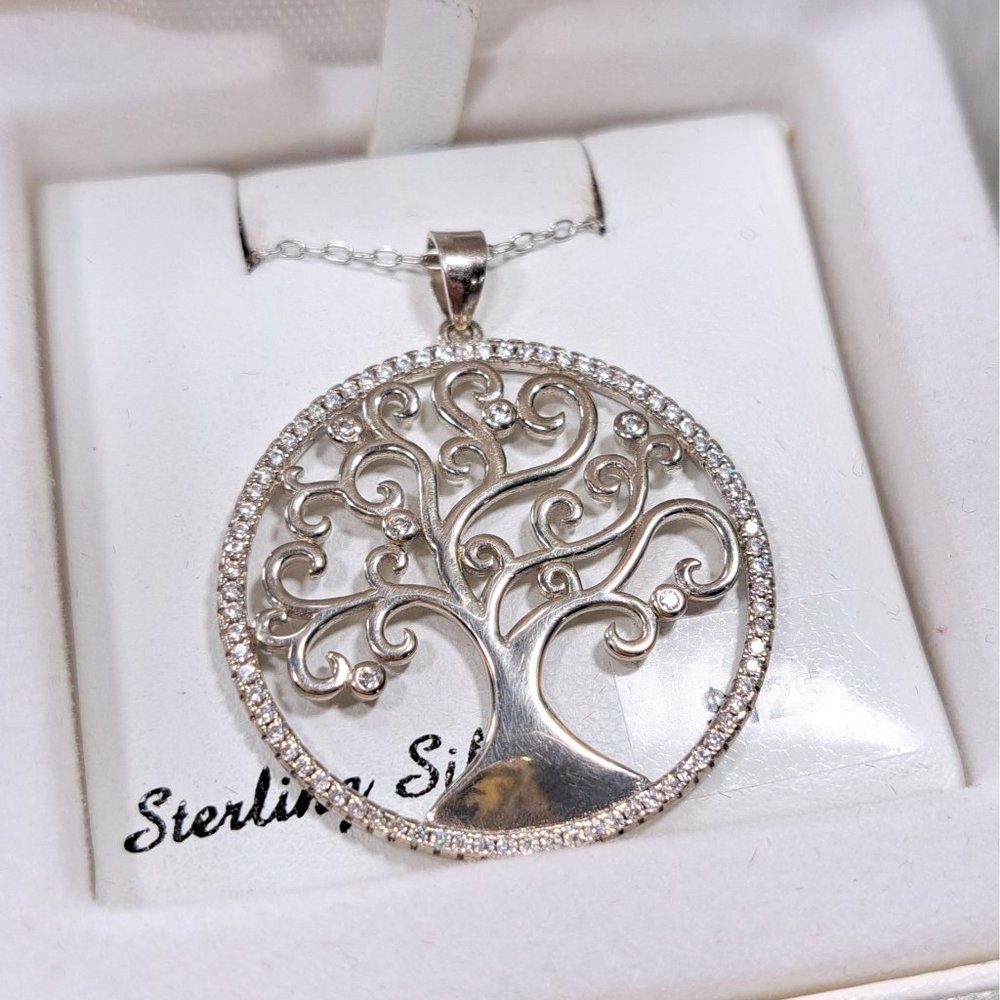 Tree of Life & CZ Sterling Silver Pendant & 18" Chain